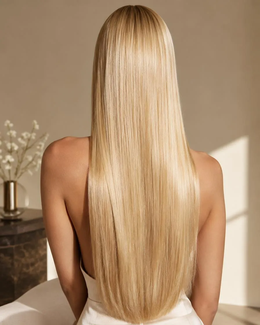 Bleach blonde hair extensions, AI illustration